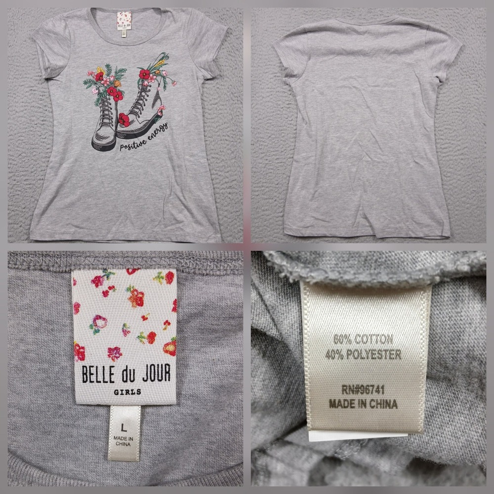Belle du Jour Graphic Tee Girls L Gray Positive‎ Energy Floral Shoes Top
